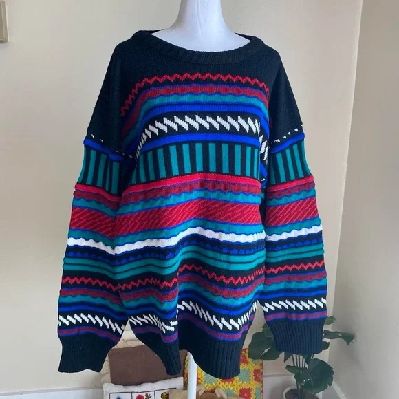 Vintage colorful black geometric grandpa sweater - Picture 6 of 7